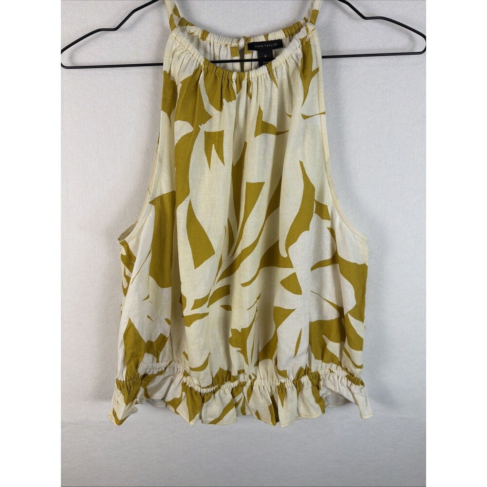Ann Taylor Womens Medium M Yellow Mustard Abstract Tropical Leaf Sleeveless Top